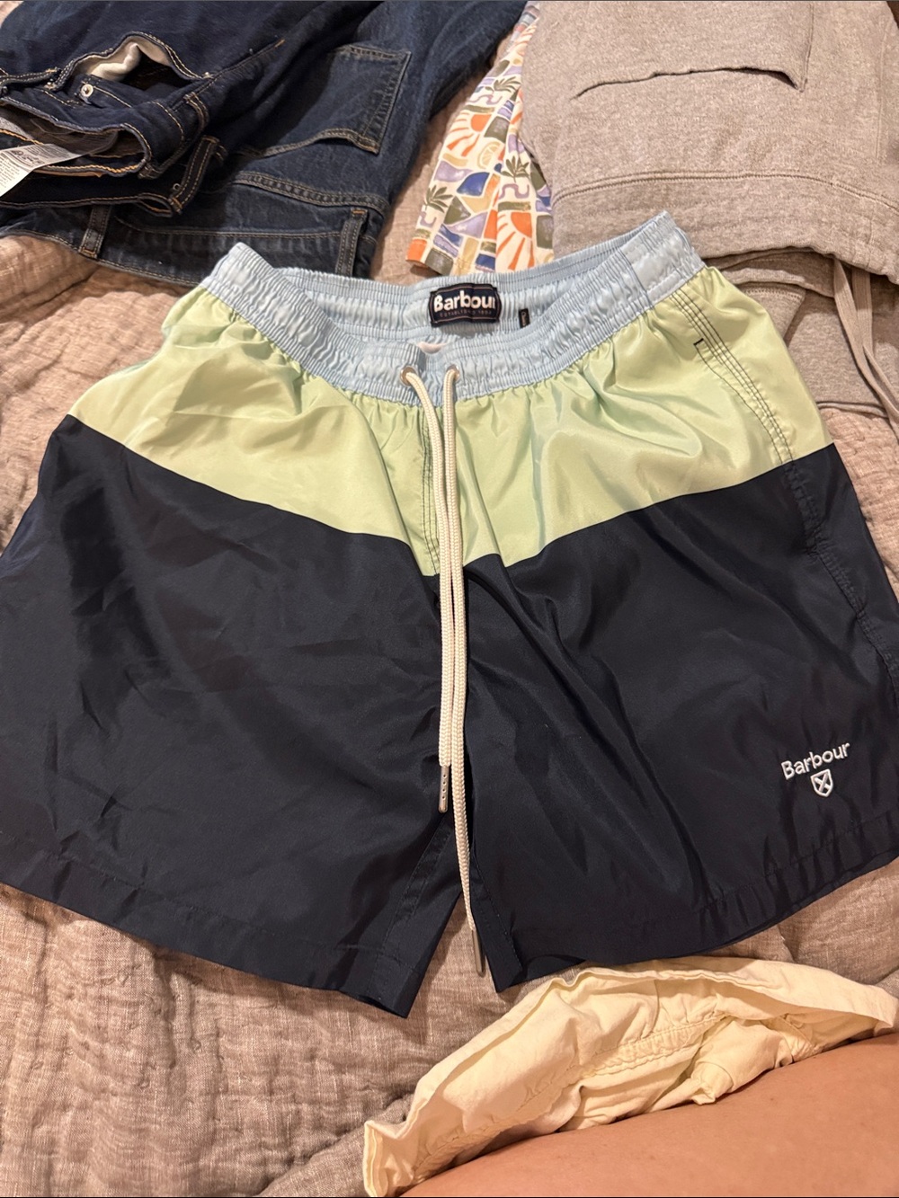 Barbour Mint and Navy Colorblock Drawstring Swim Shorts